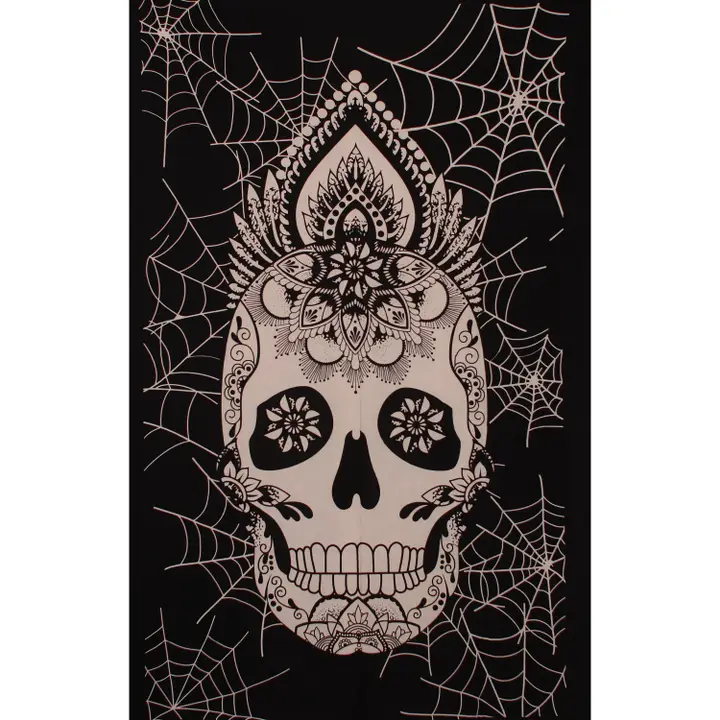 Black & White Spider Webs Skull Tapestry